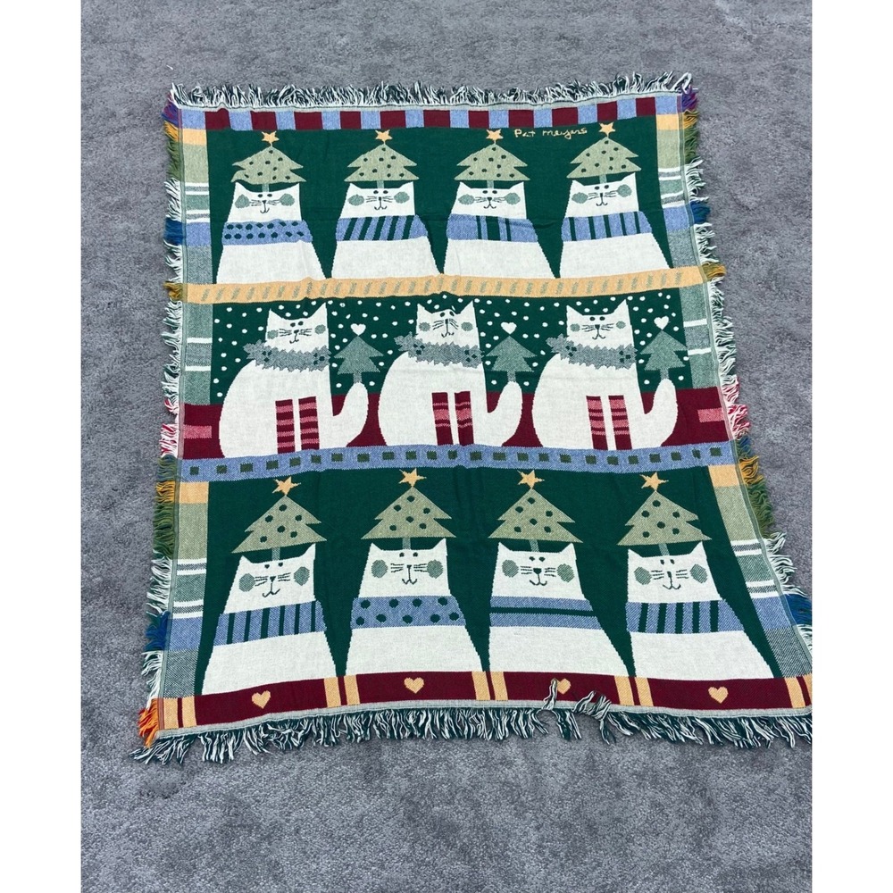 Crown Crafts Pat Meyers Christmas Cats Woven Tapestry Throw Blanket 47x57 Cotton
